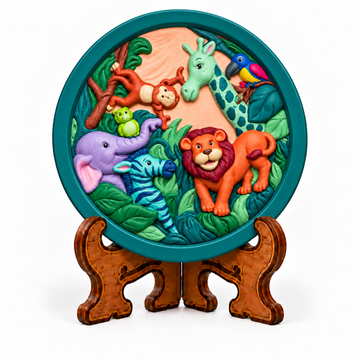 Colourful jungle animal DIY craft mould with lion, giraffe, elephant, zebra and monkey on display stand