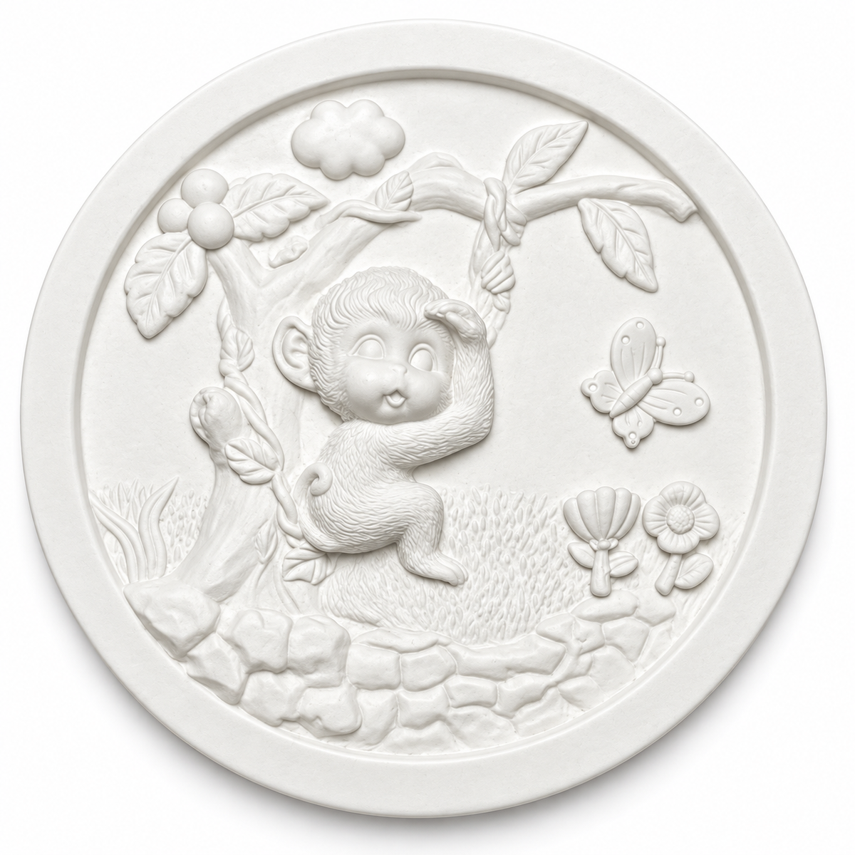 White unpainted round monkey tree DIY craft plaque with raised monkey, butterfly, flowers and tree details