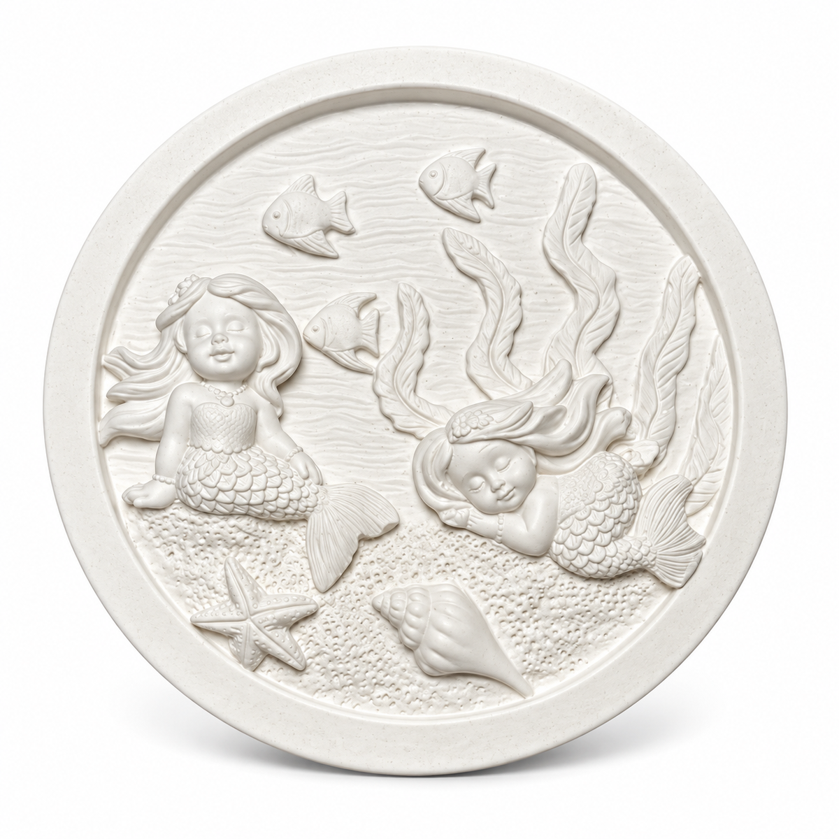 White unpainted round mermaid underwater DIY craft plaque with raised fish, sea plants, starfish and seashell details