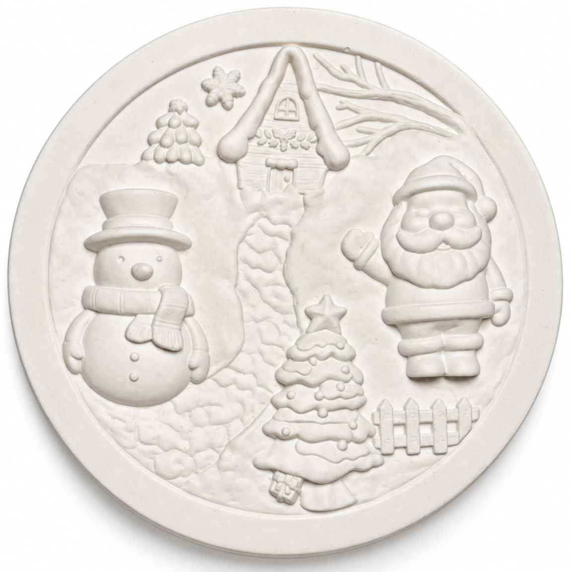 White unpainted circular Christmas craft plaque with raised Santa Claus, snowman, Christmas tree and snowy cottage designs.