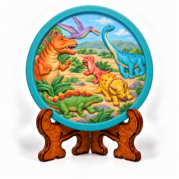 Colourful dinosaur DIY craft mould with T-Rex, long-neck dinosaur and prehistoric scene on display stand