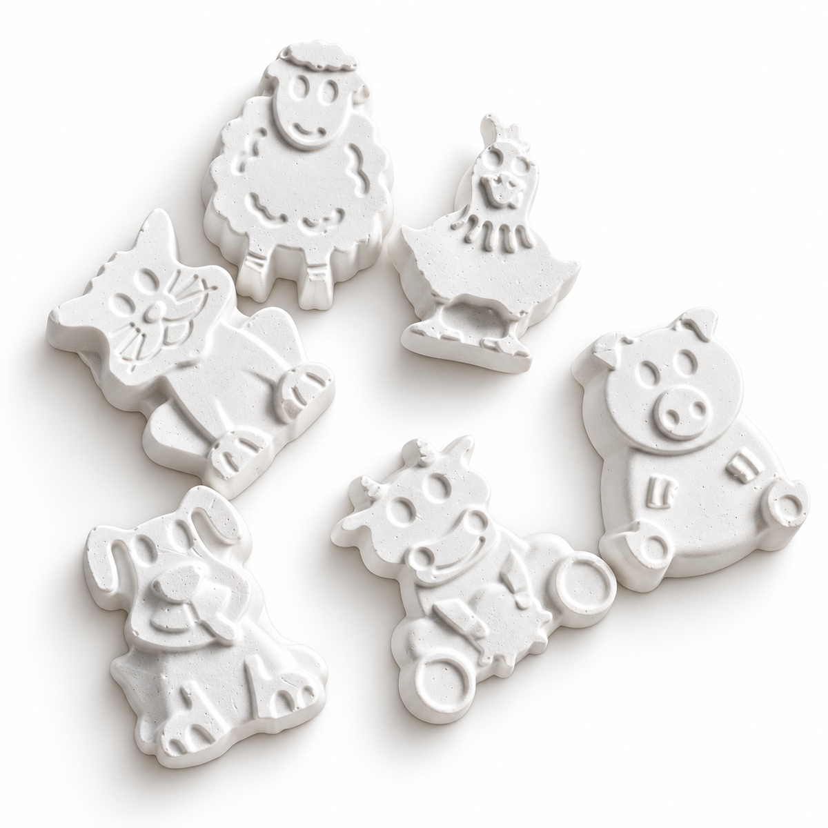 White unpainted DIY animal craft shapes featuring sheep, chicken, cat, pig, dog and cow for kids painting activity