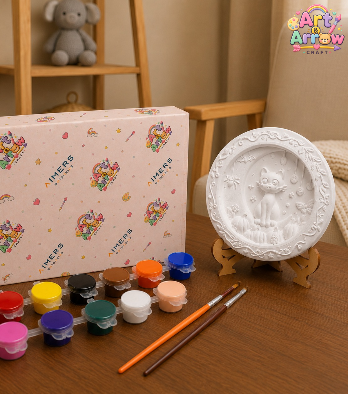 Art and Arrow DIY cat and crescent moon craft kit with unpainted design, colour pots, brushes and display stand