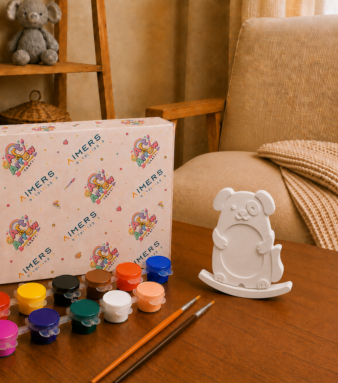 DIY POP craft kit with puppy, paints, brushes and packaging
