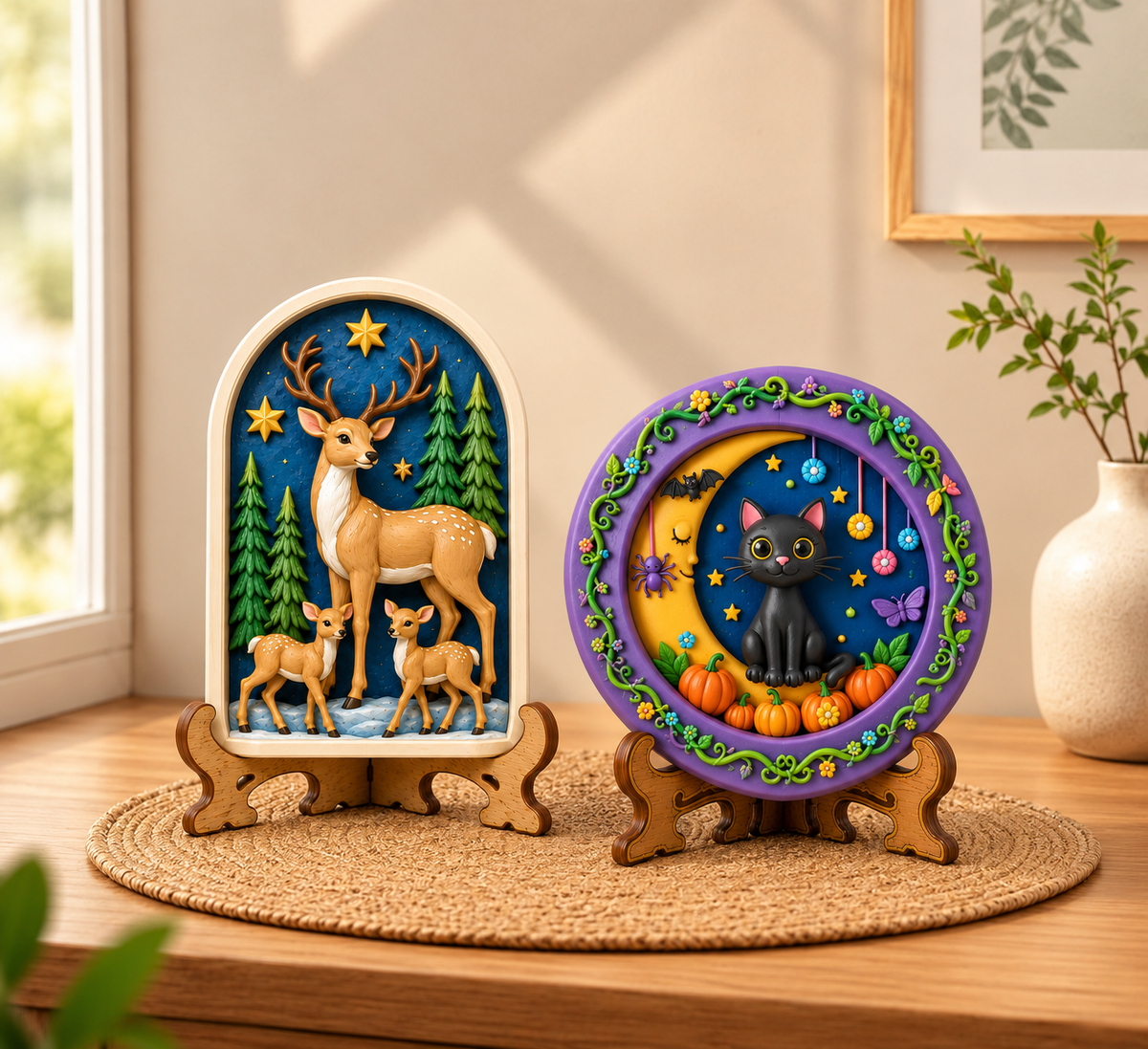 Colourful DIY POP Toys Kit designs featuring a deer forest scene and black cat with crescent moon displayed on stands