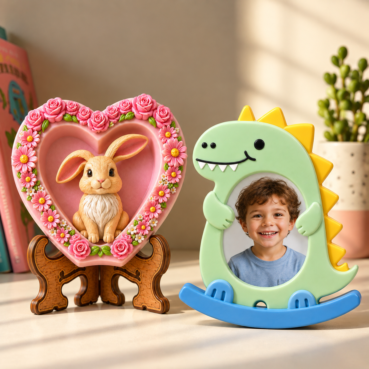 DIY POP toys with floral bunny heart and dinosaur photo frame
