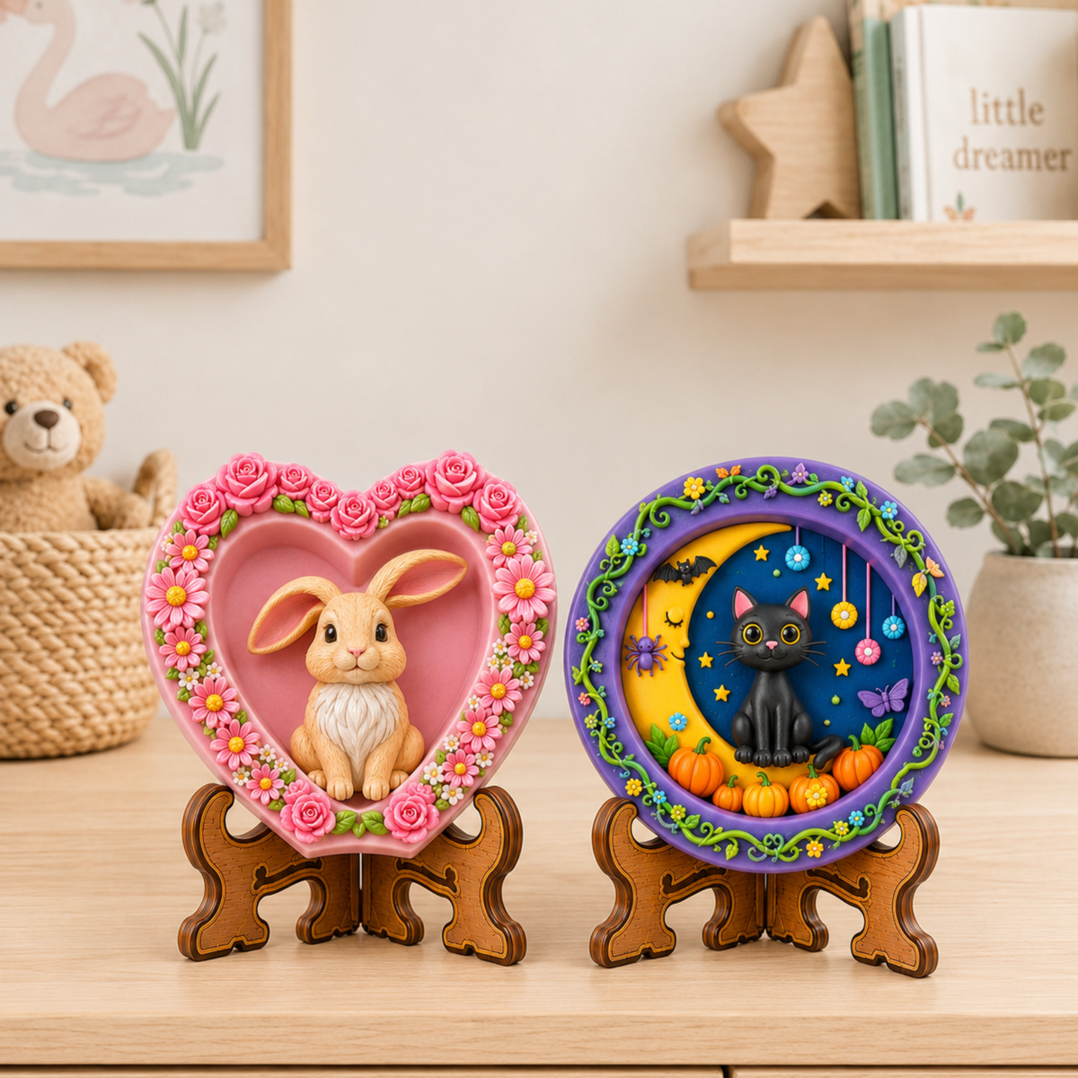 Colourful DIY POP Toys Kit designs featuring a floral heart bunny and black cat with crescent moon displayed on stands