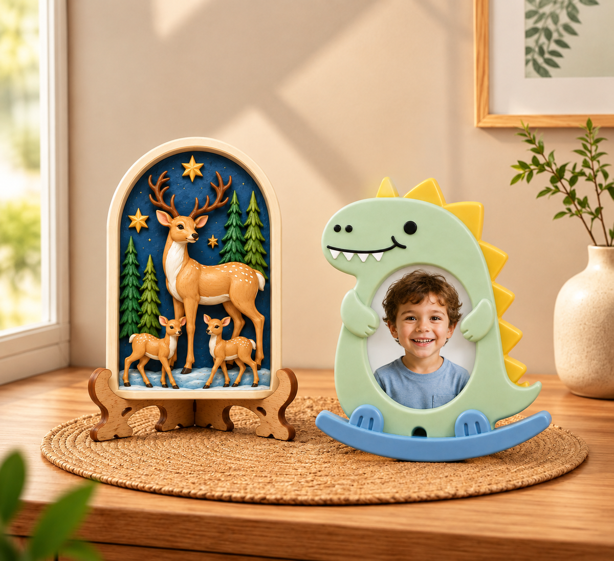 DIY POP toys with deer family forest art and dinosaur photo frame
