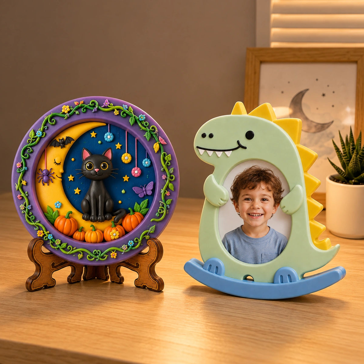 DIY POP toys with moon cat design and dinosaur photo frame