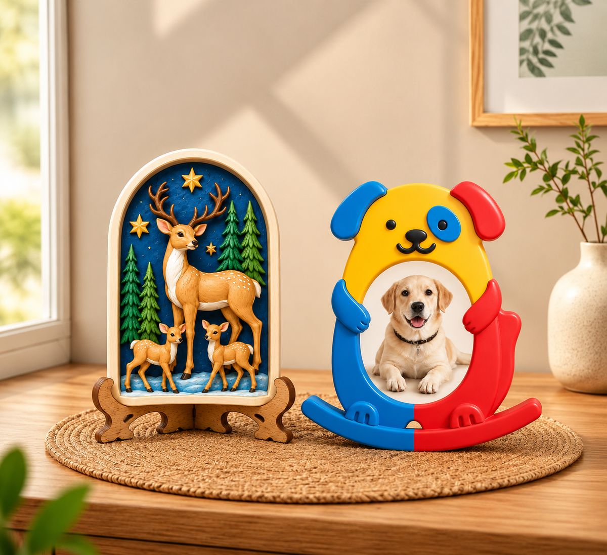 DIY POP toys with deer family forest art and colourful dog photo frame