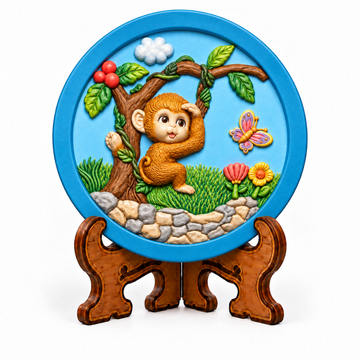 Colourful round monkey tree DIY craft plaque with butterfly, flowers and stone details displayed on decorative stand