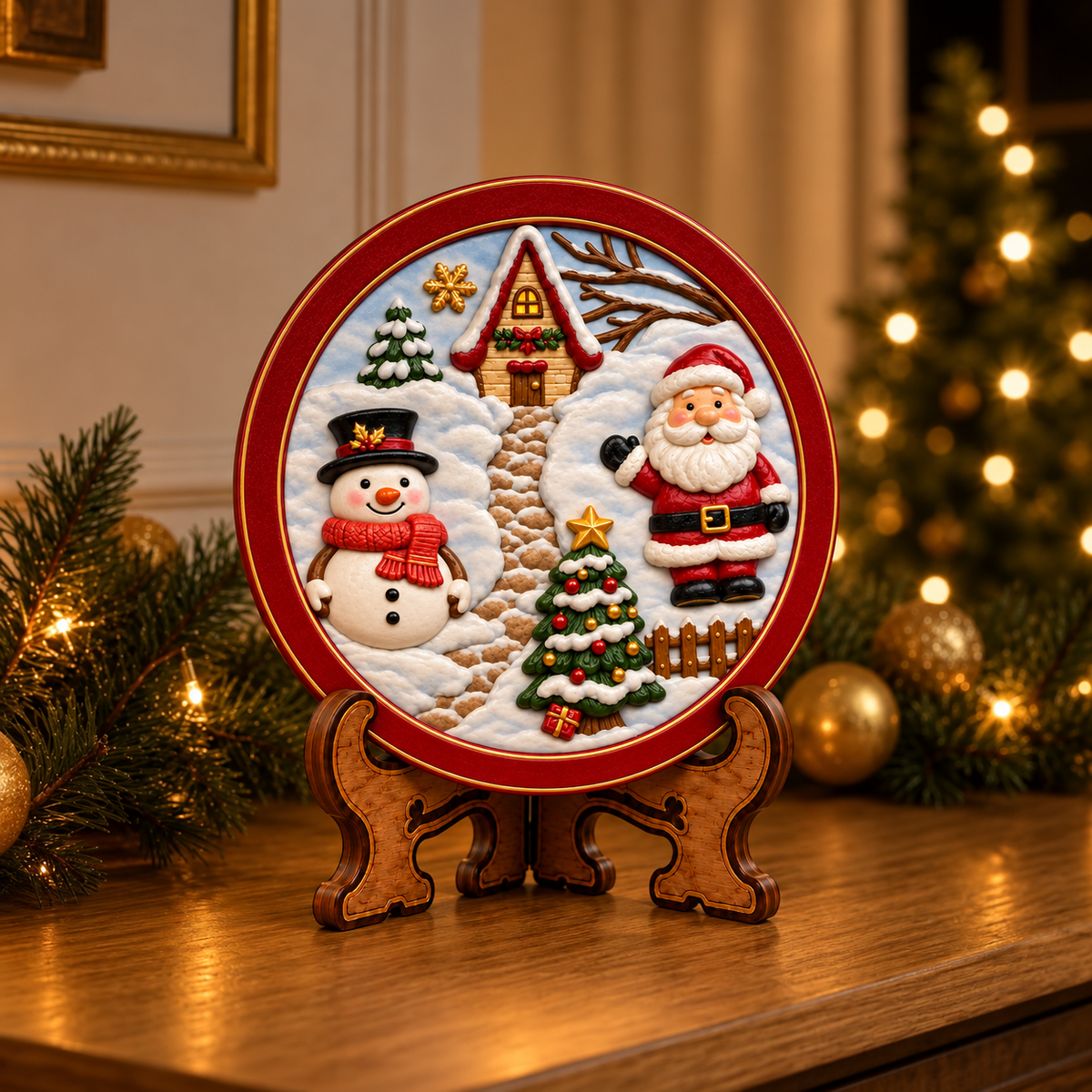 Round Santa and snowman Christmas craft plaque displayed on a decorative stand with festive lights and Christmas decorations.