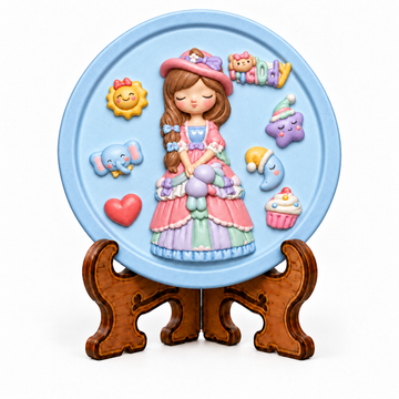 Girl character DIY POP craft with colourful raised designs on round blue base