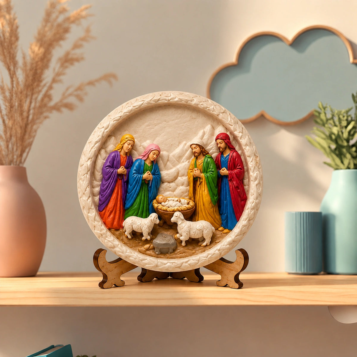 Colourful round Nativity scene craft featuring baby Jesus, four figures and two sheep on a display stand.
