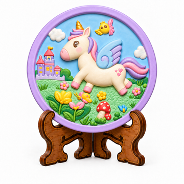Colourful round DIY unicorn painting craft featuring a winged unicorn, fantasy castle, flowers and decorative stand.