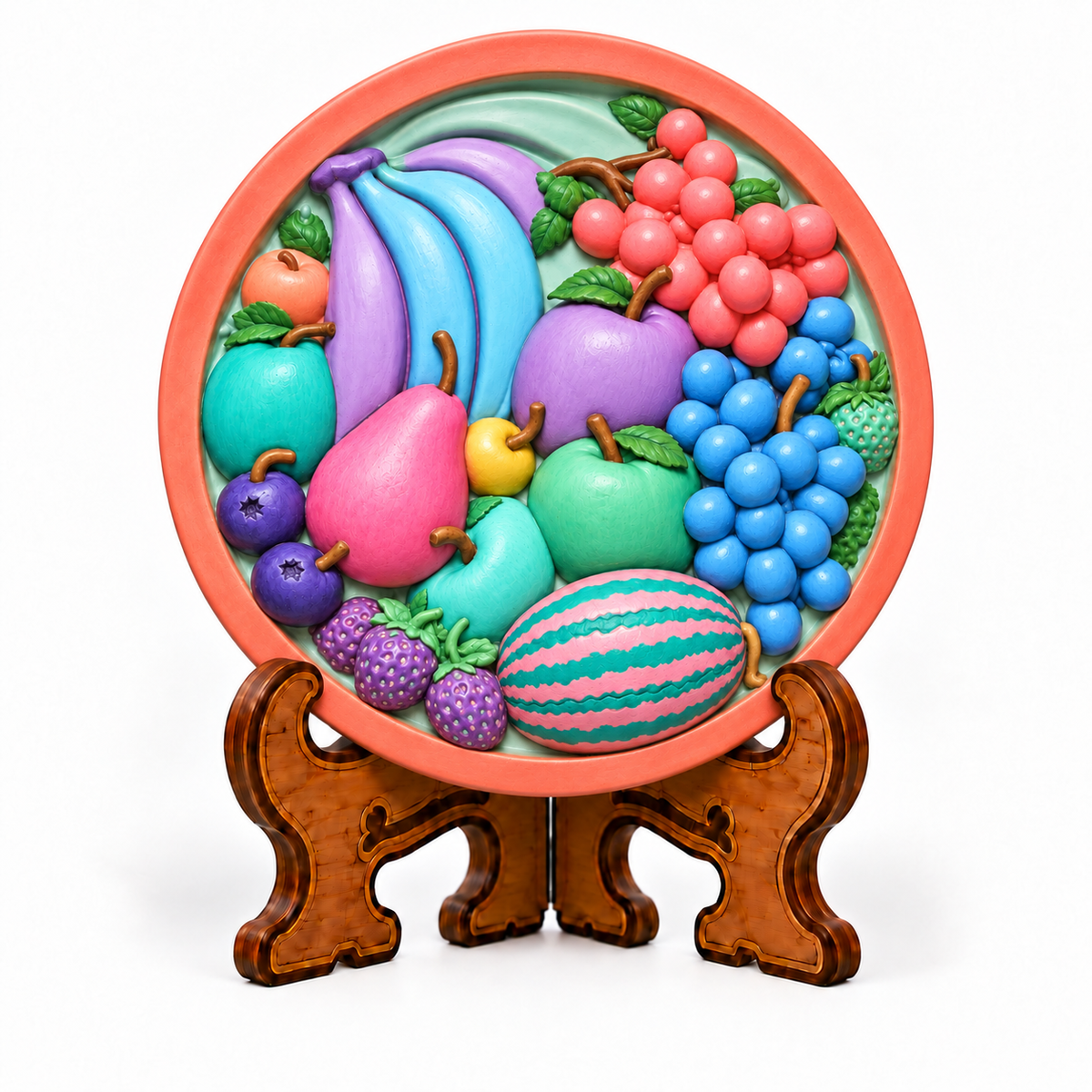 Colourful round DIY fruit craft plaque featuring bananas, grapes, apples, pear, berries and watermelon displayed on a decorative stand.