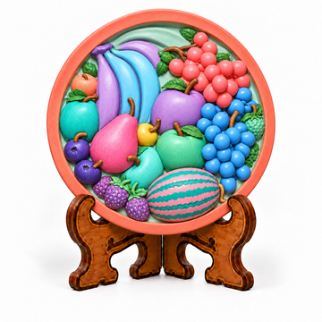 Colourful round DIY fruit craft plaque featuring bananas, grapes, apples, pear, berries and watermelon displayed on a decorative stand.