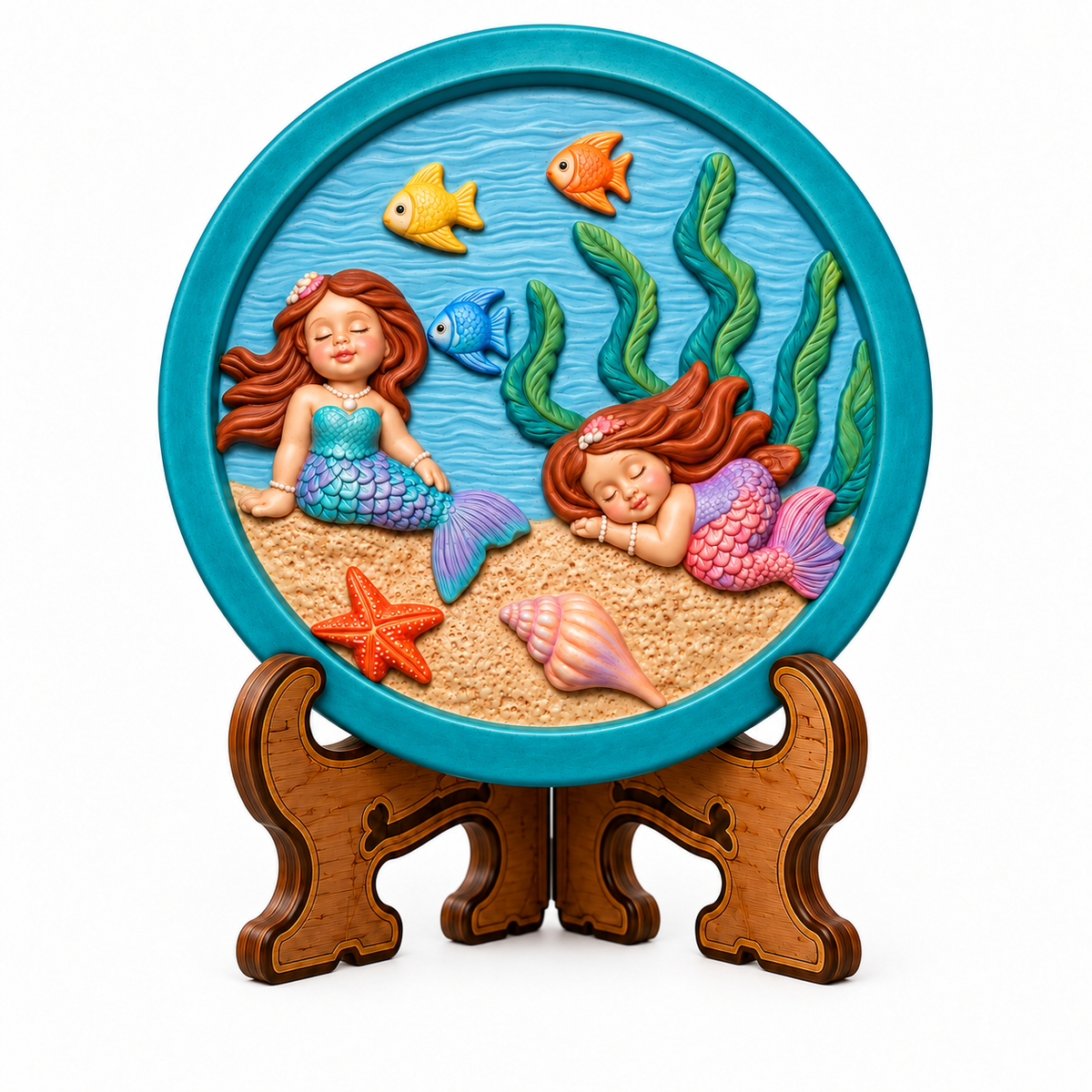 Colourful round mermaid underwater DIY craft plaque with fish, starfish and seashell displayed on decorative stand
