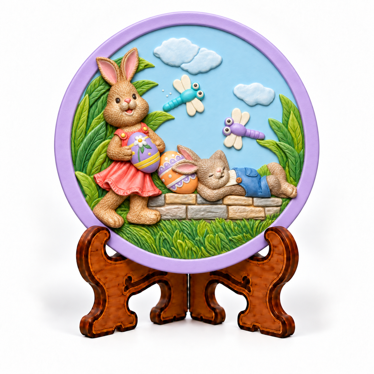 Colourful round Easter bunny painting craft featuring two rabbits, decorated Easter eggs, dragonflies and a decorative stand.