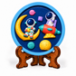 Colourful space-themed DIY craft plaque featuring two astronauts, a rocket, crescent moon and planets on a round display stand.