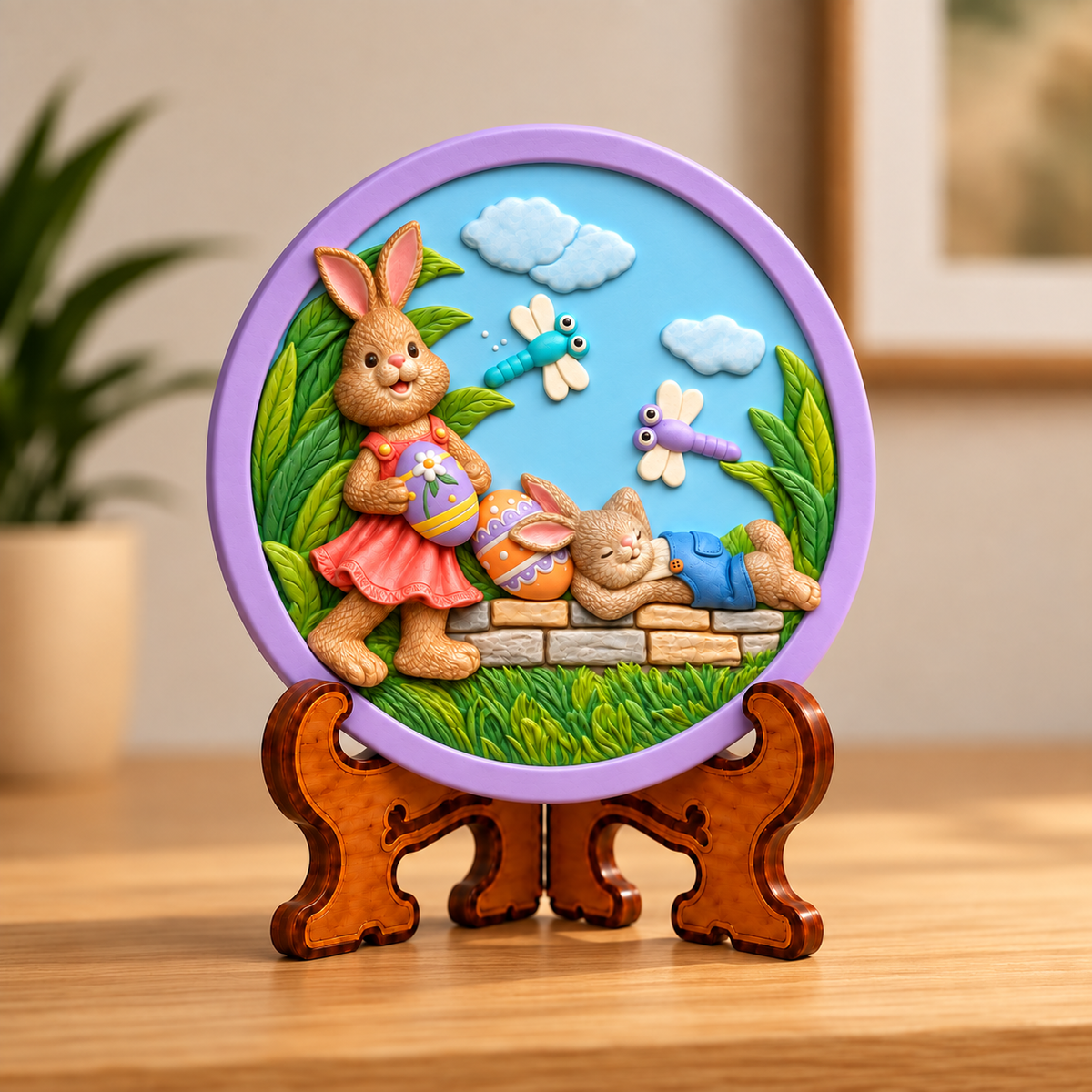 Colourful Easter bunny craft plaque displayed on a decorative stand on a wooden table top.