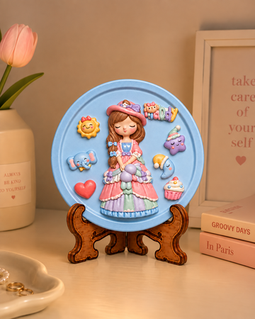 Girl character DIY POP craft with round blue base, colourful dress, elephant, moon, cloud, heart and cupcake motifs