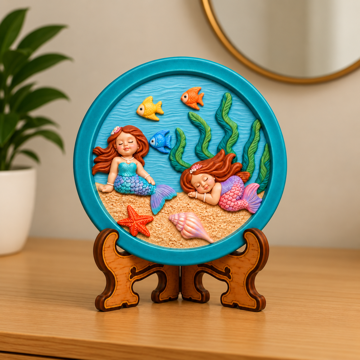 Round DIY mermaid painting craft with two mermaids, colourful fish, seaweed, starfish and seashell in an underwater scene.
