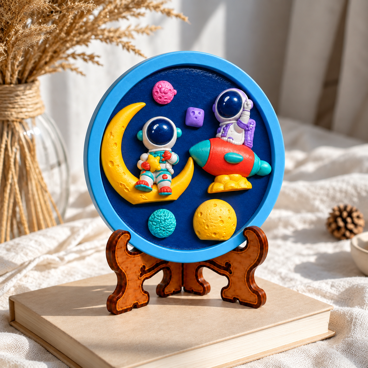 Round DIY astronaut painting craft featuring two astronauts, a yellow crescent moon, colourful rocket and blue space background.