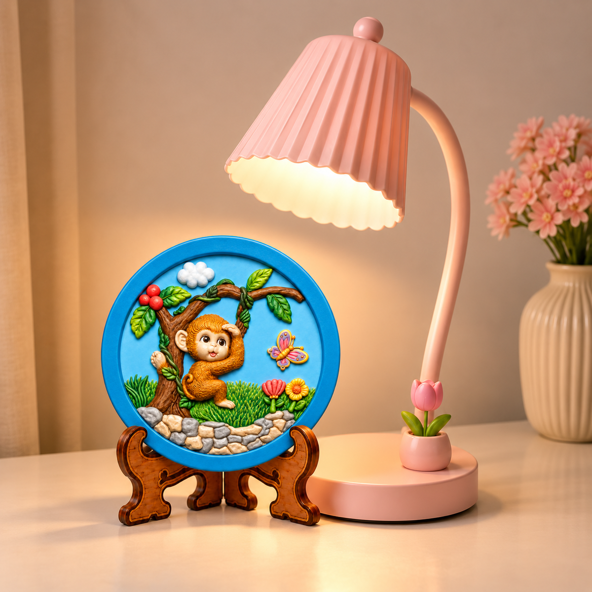 Round DIY monkey painting craft with cartoon monkey on a tree, colourful butterfly, flowers and green nature details.