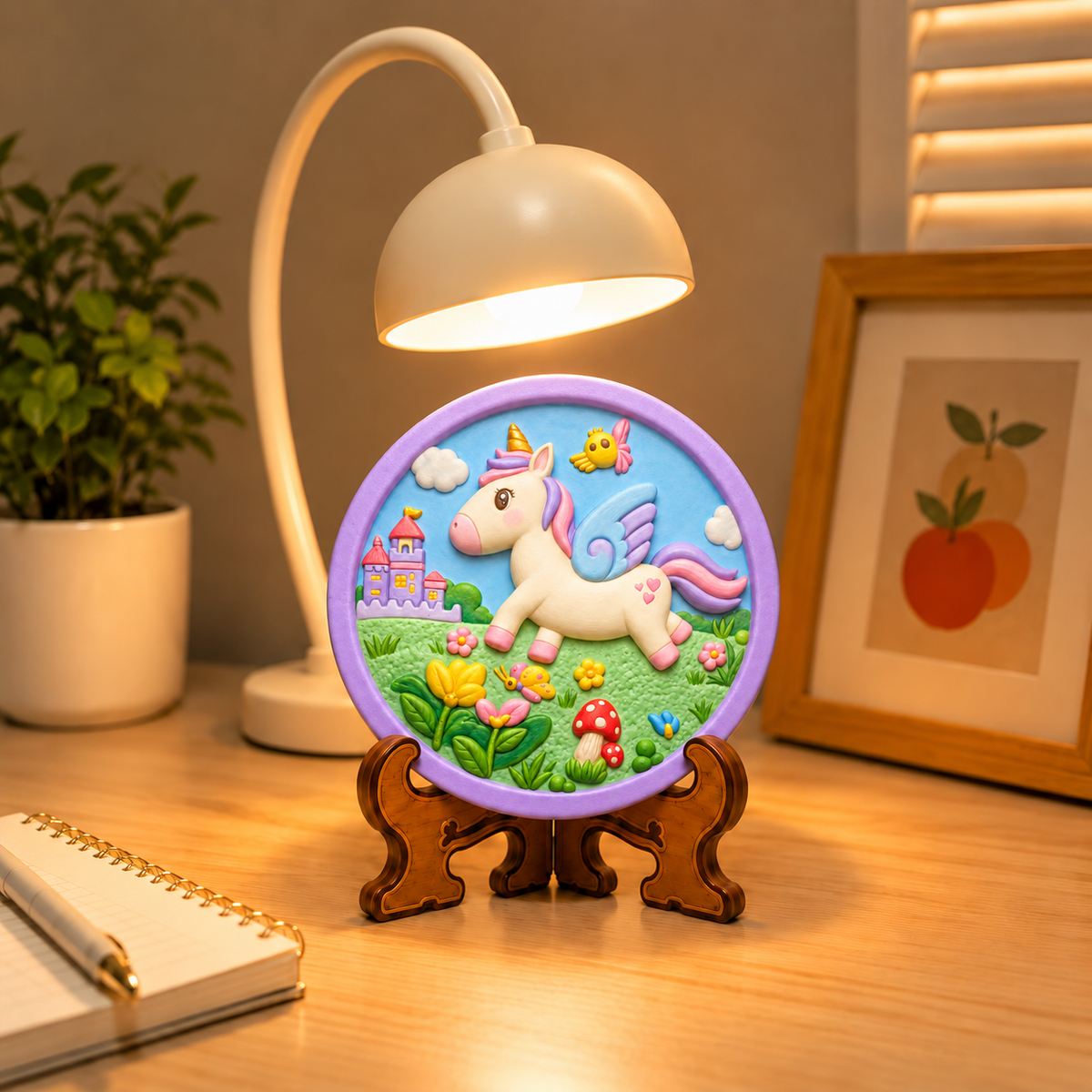 Colourful unicorn craft plaque displayed on a decorative stand beneath a desk lamp.
