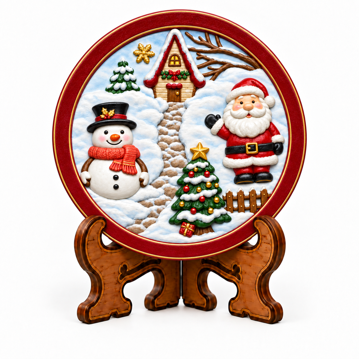 Colourful round Christmas painting craft featuring Santa Claus, snowman, decorated Christmas tree and snowy cottage on a display stand.