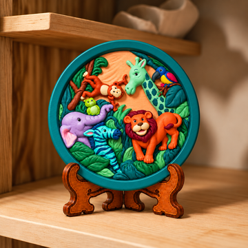 Round Jungle Animal DIY POP Craft Kit with colourful raised lion, giraffe, elephant, zebra, monkey and bird design
