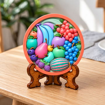 Colourful round DIY fruit painting craft with raised bananas, grapes, pears, berries and watermelon-inspired details on a table top stand.