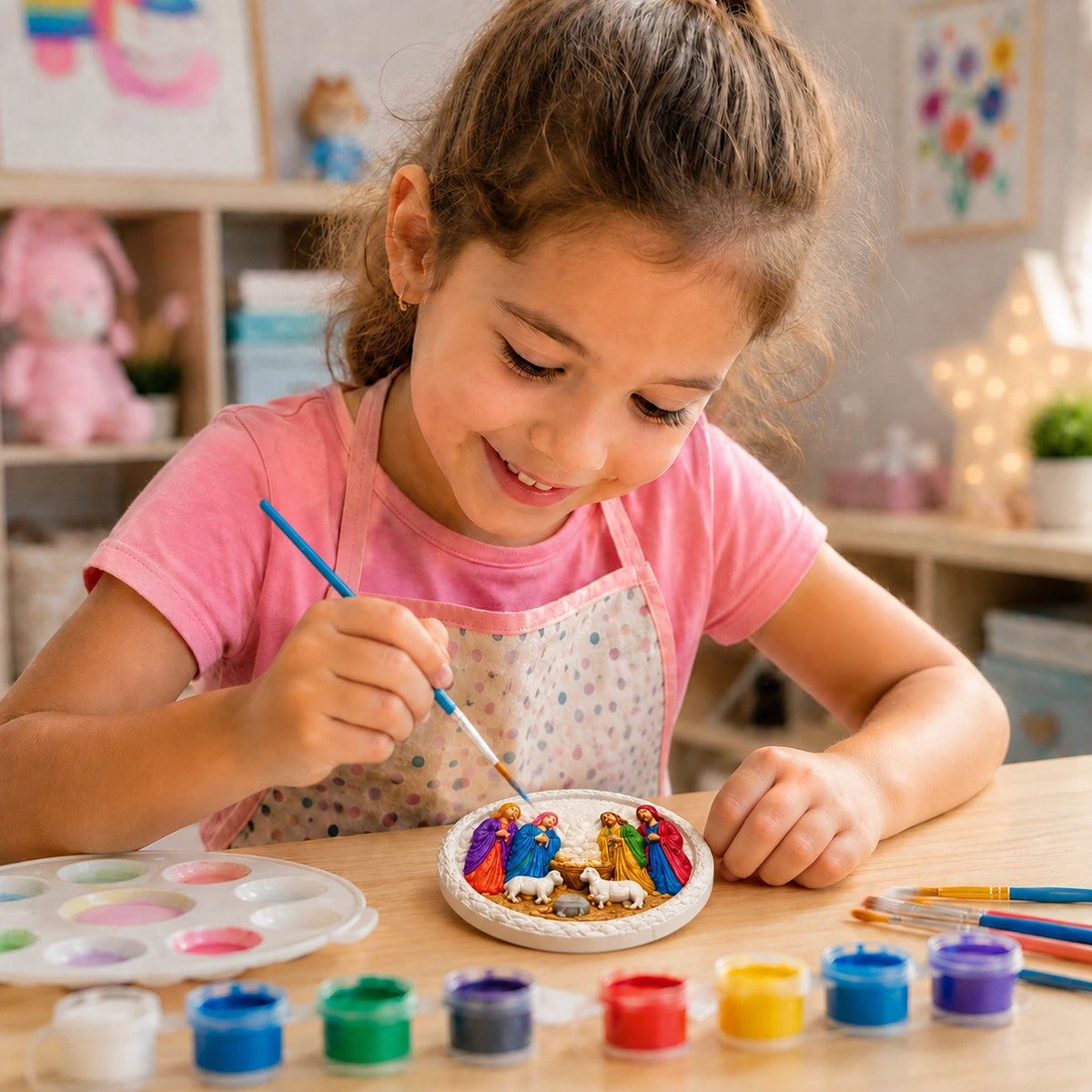 Child painting a colourful round Nativity scene craft with paints and brushes.