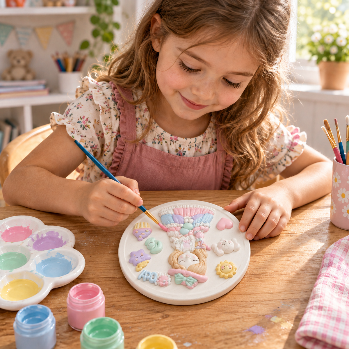Child painting girl character DIY POP craft with pastel colours