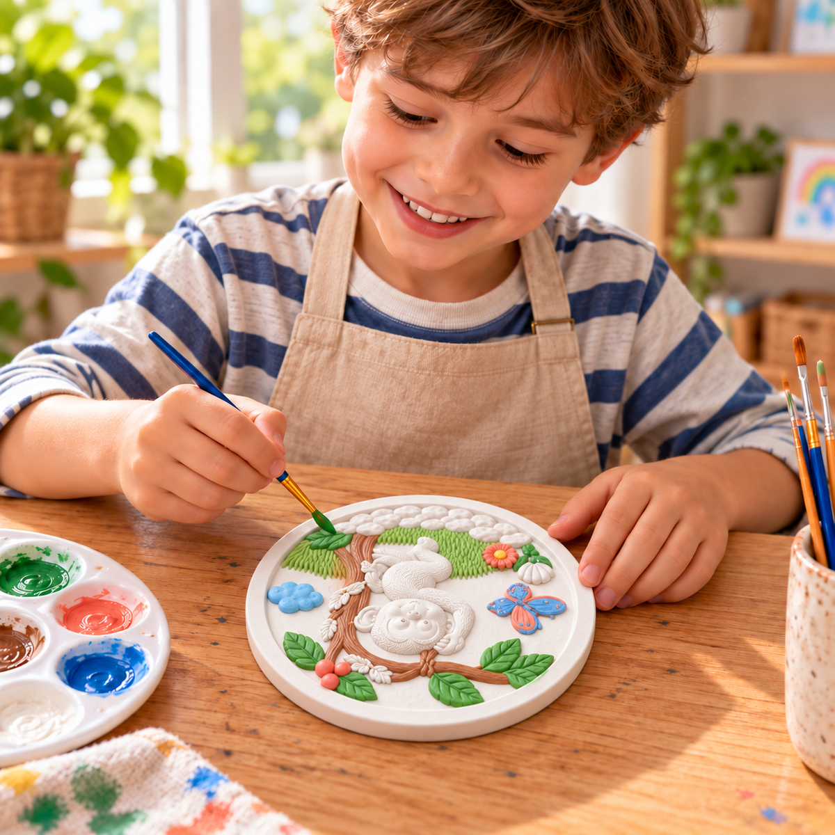 Child painting a round monkey tree DIY craft plaque with brush and colourful paints