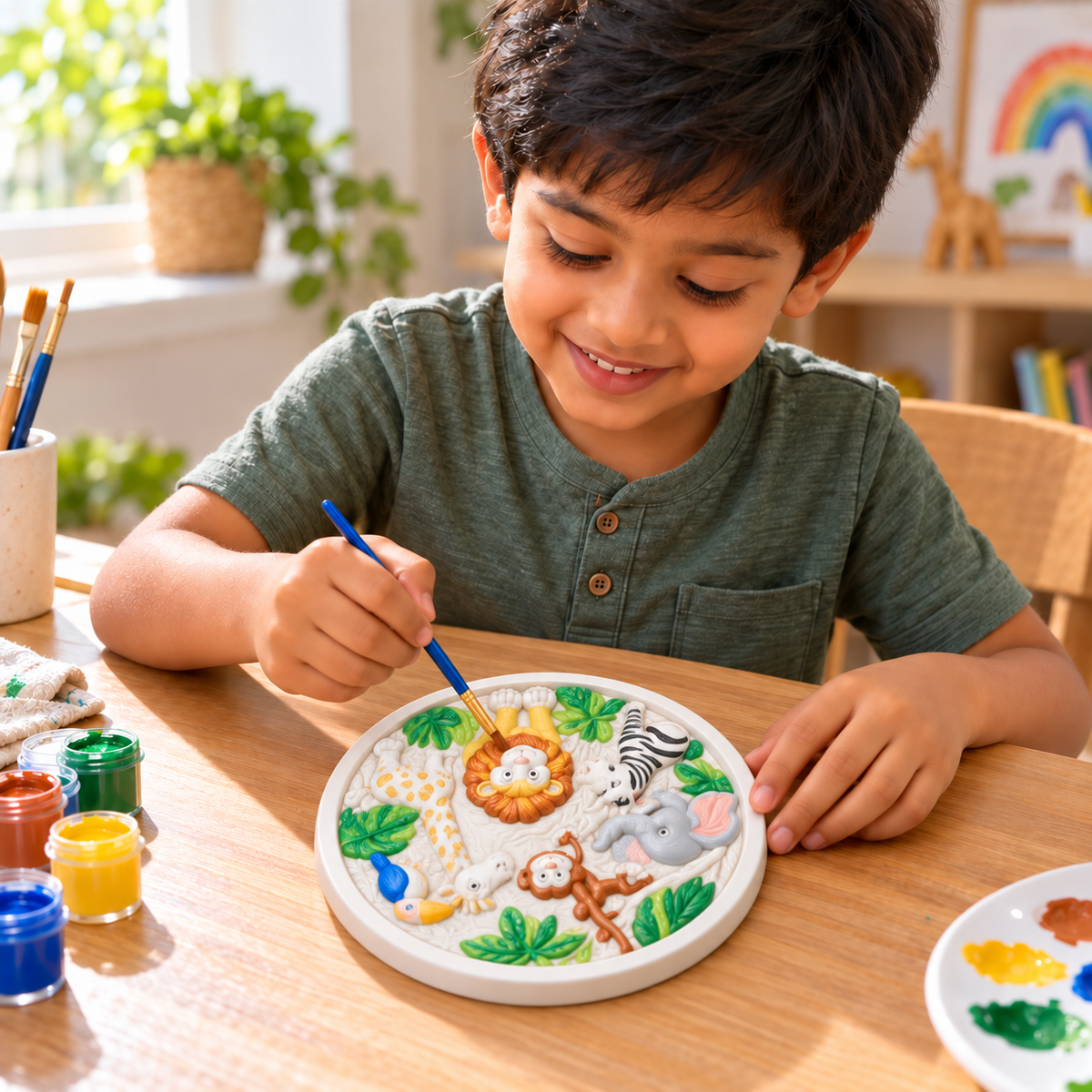 Boy painting jungle animal DIY craft mould with colourful paints and brush