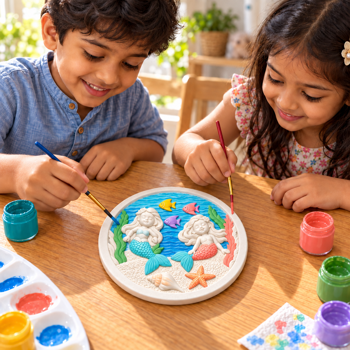 Boy and girl painting a round mermaid underwater DIY craft plaque with brushes and colourful paints