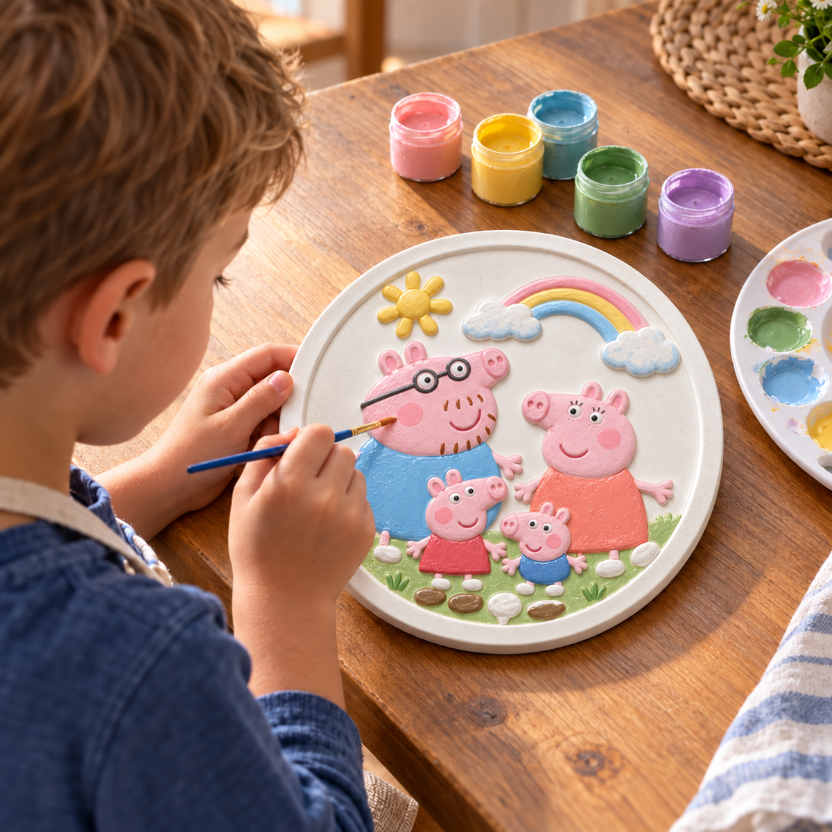 Child painting a round DIY pig family craft plaque with colourful paints and brush