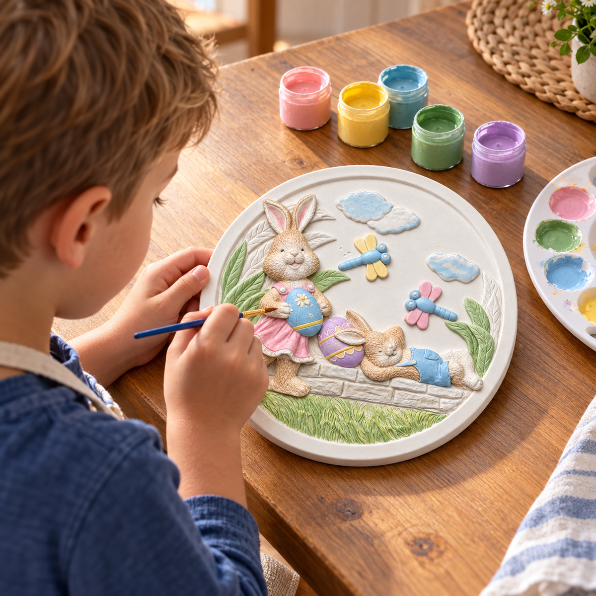 Young child painting a round Easter bunny craft plaque with rabbits, Easter eggs and dragonflies.