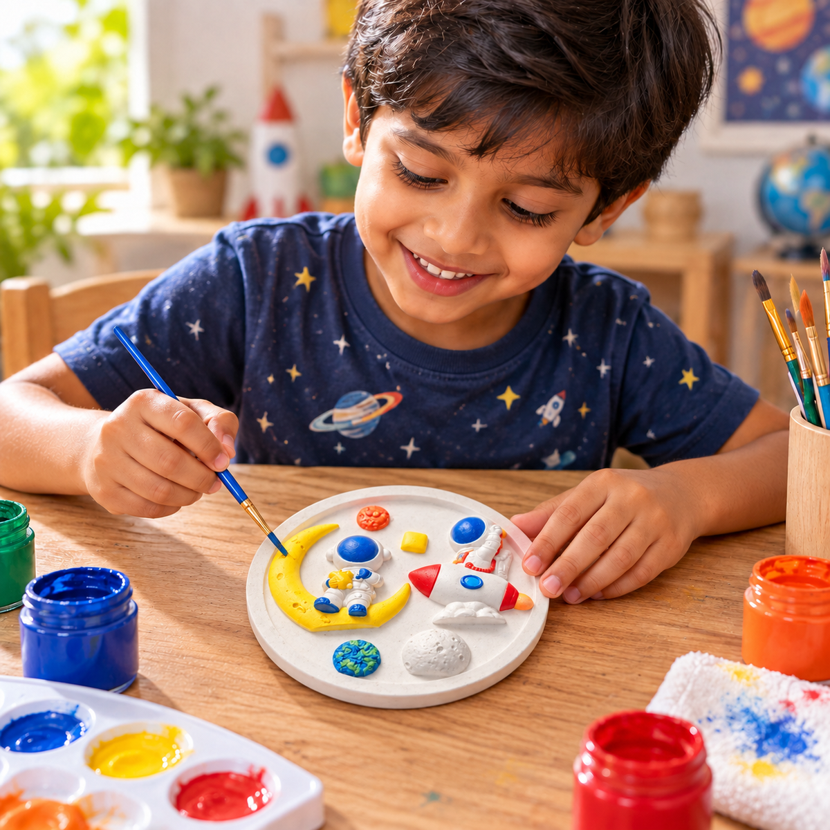 Child painting a round space-themed DIY craft with astronauts, rocket and moon using colourful paints and a brush.
