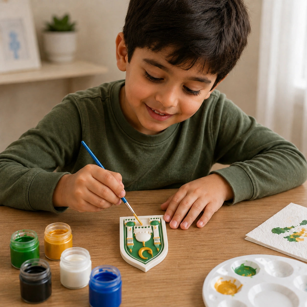 Child painting a mosque-themed DIY craft with green and gold colors.