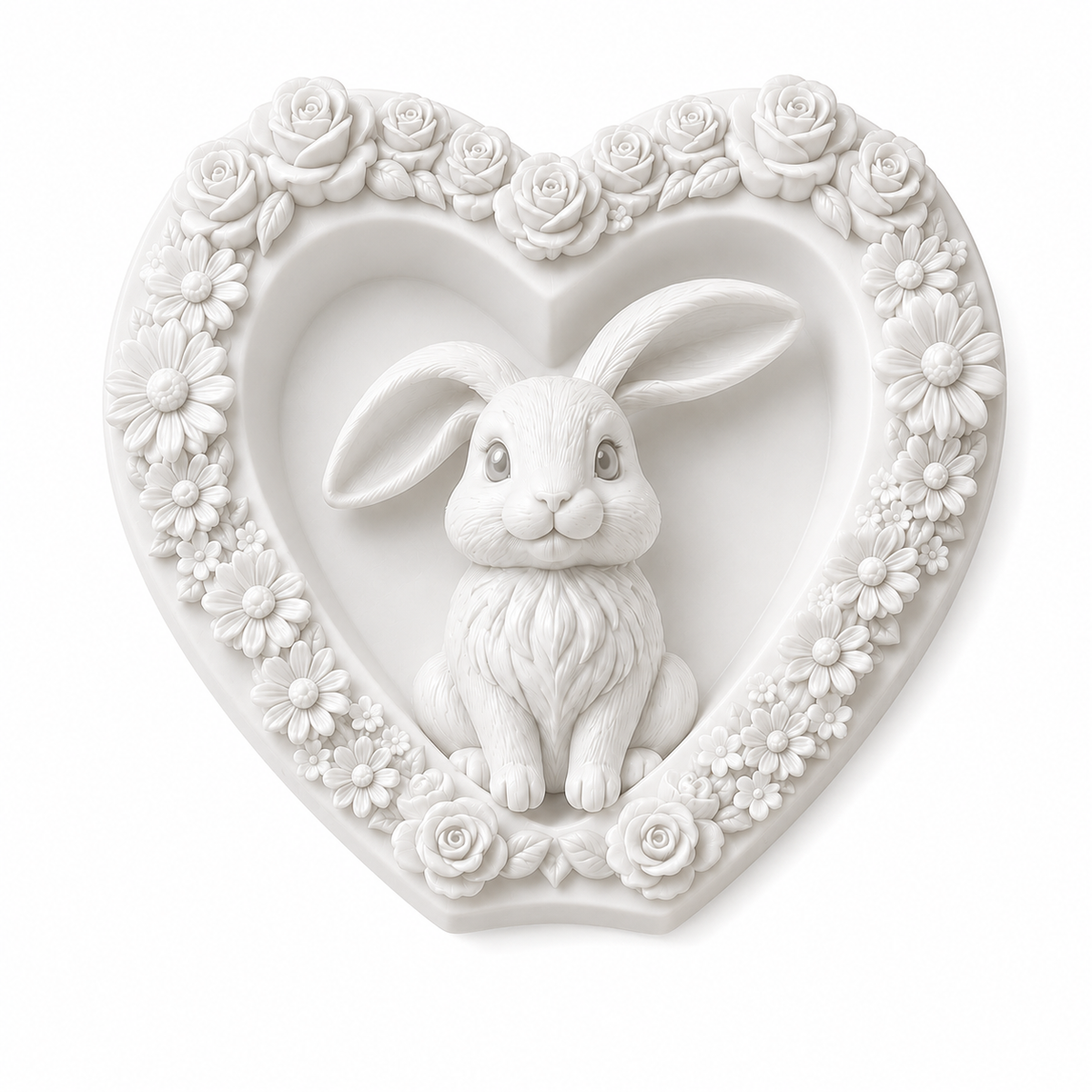 A white heart-shaped decorative plaque featuring a sculpted bunny in the centre, surrounded by a border of roses and daisies.