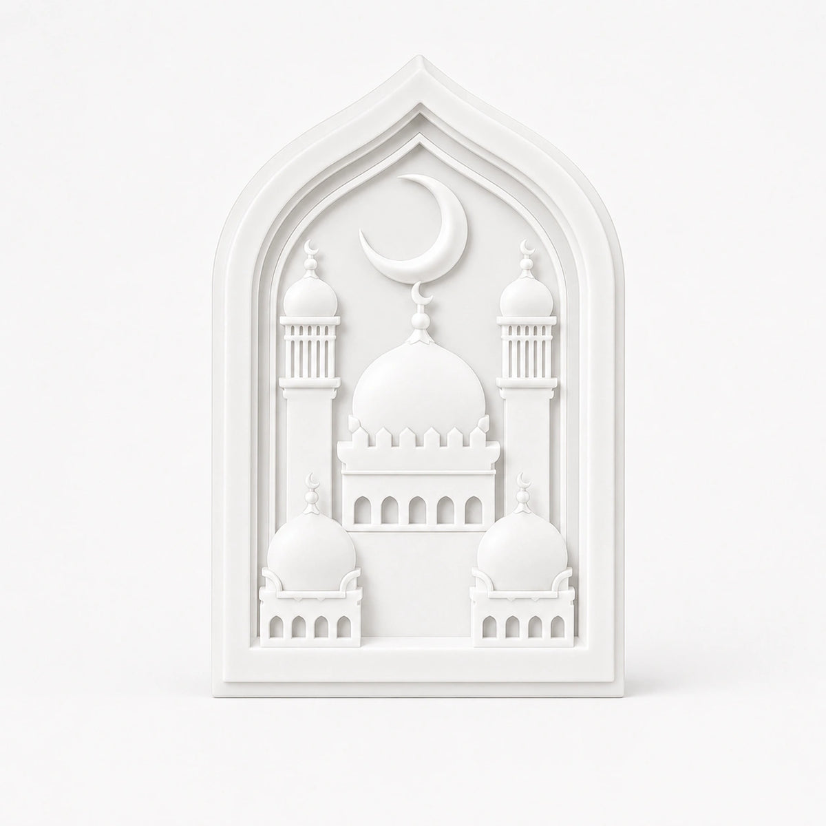 Unpainted mosque relief craft with domes, minarets and crescent moon.