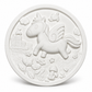 White unpainted circular unicorn craft plaque with raised unicorn, castle, flowers and butterfly designs.