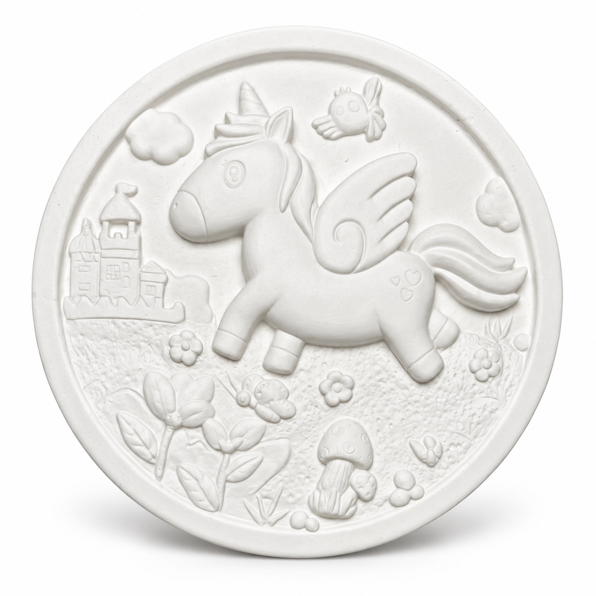 White unpainted circular unicorn craft plaque with raised unicorn, castle, flowers and butterfly designs.
