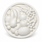 White unpainted round DIY fruit craft plaque featuring raised bananas, grapes, apples, pear, berries and watermelon designs ready for painting.