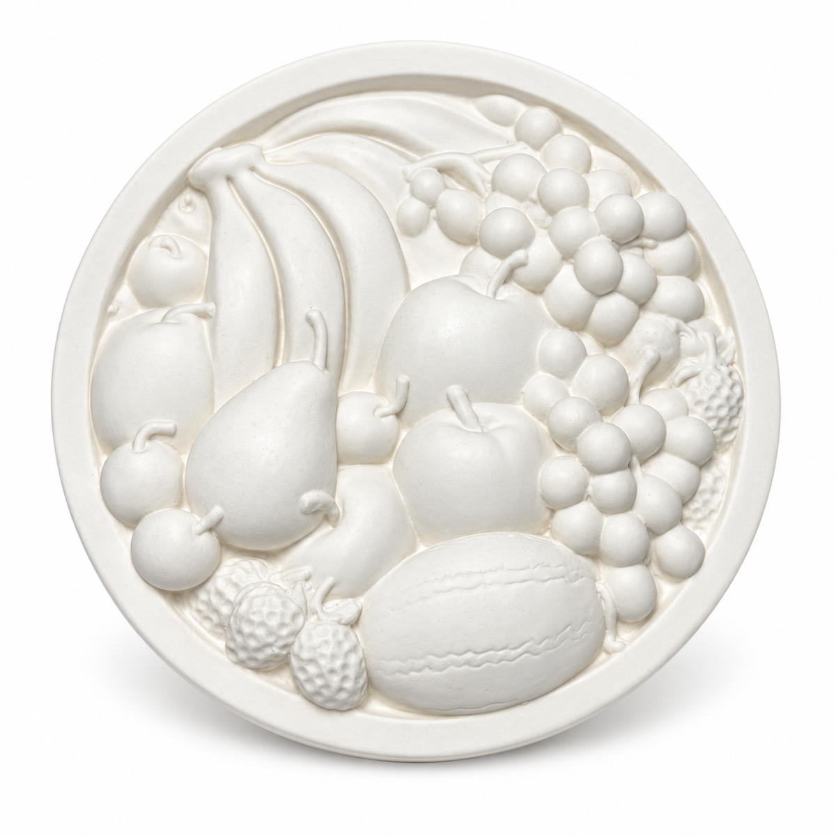 White unpainted round DIY fruit craft plaque featuring raised bananas, grapes, apples, pear, berries and watermelon designs ready for painting.