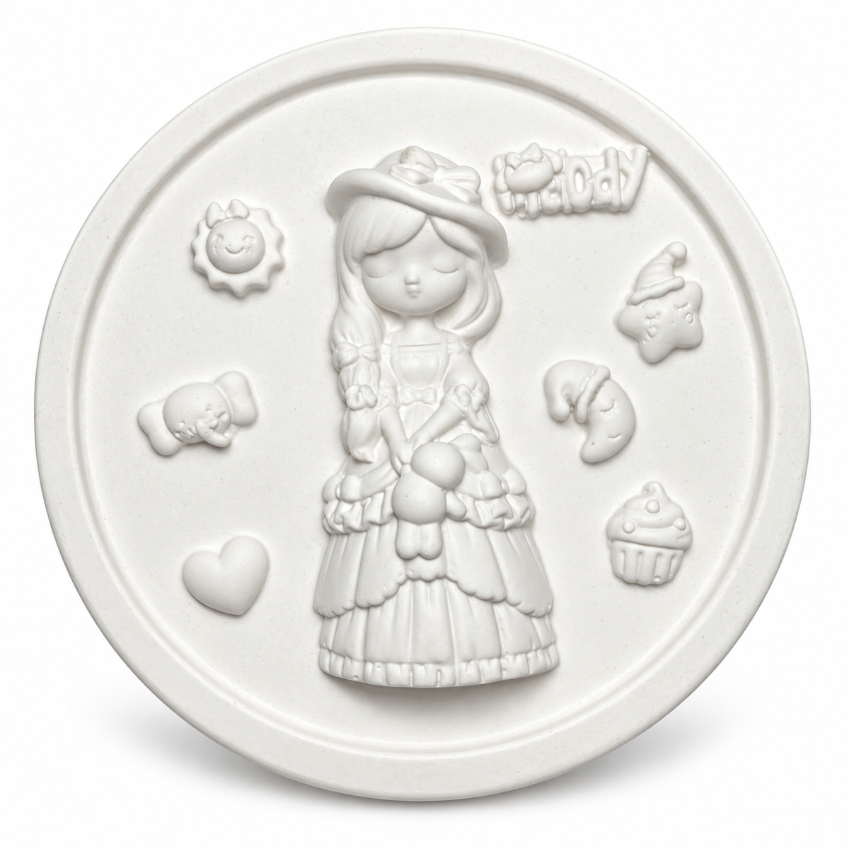 Unpainted round girl character DIY POP craft with raised decorative designs