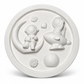 White unpainted round DIY space craft plaque featuring two astronauts, rocket, crescent moon and raised planet designs ready for painting.